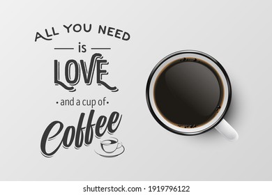 Vektor 3d realistisches weißes Porzellan Keramik Umarmung mit schwarzem Espresso, Mocha einzeln auf Weiß. Kaffee-Cup mit Typografie Zitat, Phrase über Kaffee. Stockillustration. Vorlage entwerfen. Draufsicht