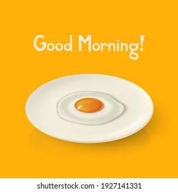 Vector 3d Realistic White Porcelain, Ceramic Plate and Fried Egg, Omelette Closeup on Yellow Background. Design Template for Mockup. Stock Vector Illustration. Breakfast Concept. Front, Top, Side View