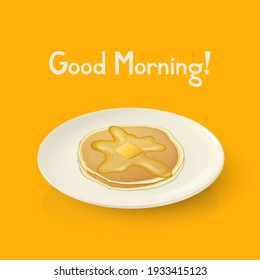 Vector 3d Realistic White Porcelain, Ceramic Plate, Pancakes, Honey, Butter Closeup. Design Template for Mockup. Stock Vector Illustration. Breakfast Concept. Front, Top, Side View