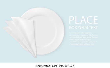 Vector 3d Realistic White Porcelain, Plastic Or Paper Disposable Food Plate With Napkin. The Plate Icon Is Isolated On A White Background With Text. Front View. Design Template.