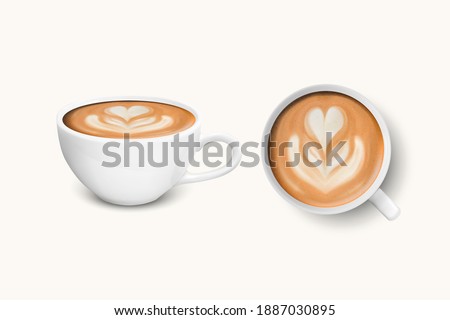 Vector 3d Realistic White Porcelain Ceramic Mug. Milk Coffee, Foam, Heart, Flower Pattern Set Isolated on White. Capuccino, Latte. Stock Vector Illustration. Design Template, Mockup. Front, Top View