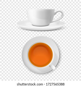 Vector 3d Realistic White Porclean, Ceramic Tea Cup, Mug Set with Black or Red Tea Closeup Isolated on Transparent Background. Design Template, Clipart. Top and Front View