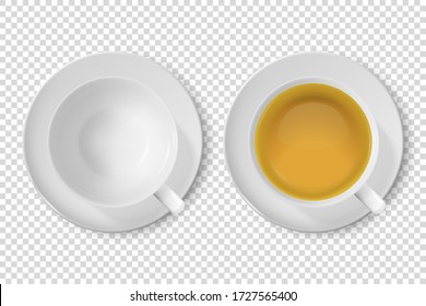 Vector 3d Realistic White Porclean, Ceramic Empty Tea Cup, Mug and with Green Tea Closeup Isolated on Transparent Background. Design Template, Clipart. Top View