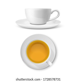 Vector 3d Realistic White Porclean, Ceramic Tea Cup, Mug Set with Green Tea Closeup Isolated on Transparent Background. Design Template, Clipart. Top and Front View
