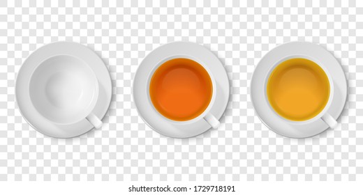 Vector 3d Realistic White Porclean, Ceramic Empty Tea Cup, Mug and with Black or Red, Green Tea Closeup Isolated on Transparent Background. Design Template, Clipart. Top View