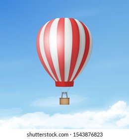 Vector 3d Realistic White and Red Hot Air Balloon on Blue Sky Background. Design Template for Branding. Blank Aerostat for Summer Vacation, Travelling, Tourism, Journey Concept