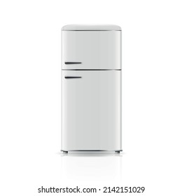 Vector 3d Realistic White Retro Vintage Fridge Icon Isolated on White. Vertical Refrigerator. Closed Fridge. Design Template, Mockup of Fridge. Front View