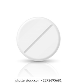 Vector 3d Realistic White Round Pharmaceutical Medical Pill, Capsule, Tablet Closeup Isolated on White Background with Reflection. Front View. Medicine, Health Concept