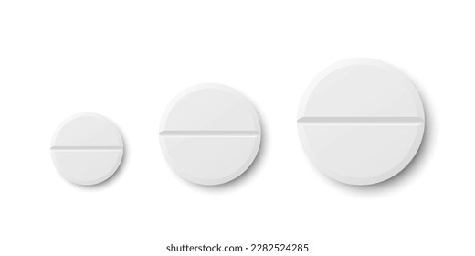 Vector 3d Realistic White Round Pharmaceutical Medical Pill, Capsule, Tablet Icon Set Closeup Isolated On White Background. Front, Top View. Medicine, Health Concept