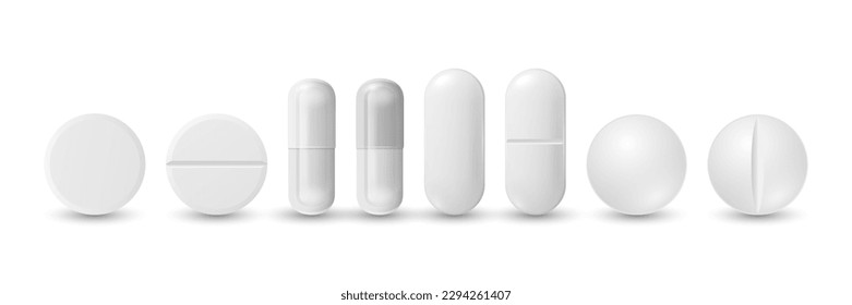 Vector 3d Realistic White Round, Oval Pharmaceutical Medical Pill, Capsule, Tablet Icon Set Closeup Isolated. Pill Collection. Front View. Medicine, Health Concept