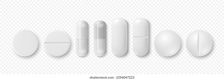 Vector 3d Realistic White Round, Oval Pharmaceutical Medical Pill, Capsule, Tablet Icon Set Closeup Isolated. Pill Collection. Front, Top View. Medicine, Health Concept