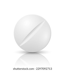 Vector 3d Realistic White Round Pharmaceutical Medical Pill, Capsule, Tablet Icon Closeup with Reflaction Isolated on White Background. Pill Design Template, Front View. Medicine, Health Concept