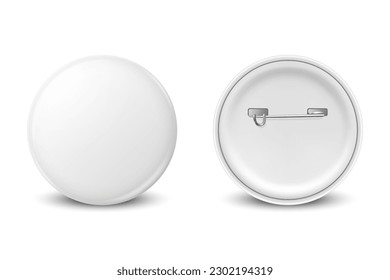 Vector 3d Realistic White Round Metal, Plastic Blank Empty Button Badge Icon CLoseup Isolated, Front, Back Side View. Button Pin Badge. Glossy Brooch Pin. Front View. Template for Branding, Mock-up