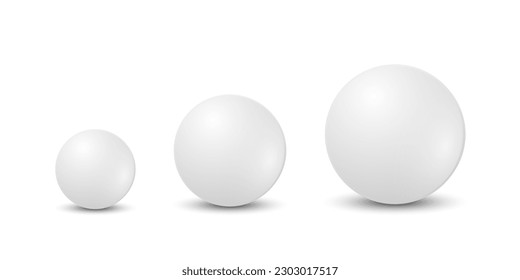Vektorgrafik 3d realistische weiße runde pharmazeutische Pille, Kapsel, Tablettensymbol Nahaufnahme einzeln auf weißem Hintergrund. Pillen unterschiedlicher Größe, Design-Vorlage, Vorderansicht. Medizin, Gesundheitskonzept