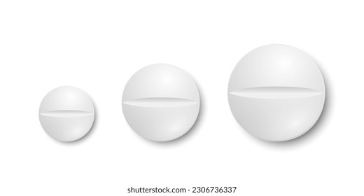 Vector 3d Realista Ronda Blanca Redondo Píldora Médica Conjunto, Diferentes Tamaños, Cerrado, Aislado en Fondo Blanco. Píldoras brillante, plantilla de diseño, vista frontal, superior. Medicina, Concepto de Salud