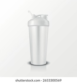 Vector 3d Realistic White Shaker Bottle Mockup. Realistic Protein Shaker Bottle for Branding and Custom Design. Sport Shaker Bottle Vector Illustration for Supplement, Fitness, Gym, Logo, Print