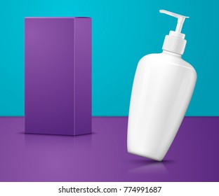 Vector 3d realistic white shampoo pump bottle with paper box on bright violet and blue background with reflection. Mock-up for product package branding.