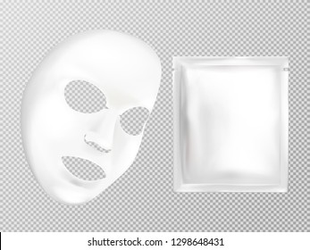 Vector 3d realistic white sheet facial cosmetic mask and sachet isolated on transparent background. Skincare, moisturizing or anti-aging cream, natural cosmetics for face treatment. Mockup for package