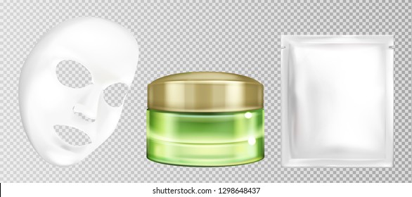 Vector 3d realistic white sheet facial cosmetic mask with cucumber. Moisturizing or anti-aging cream with vitamins, natural vegetable essence. Mockup for sachet cosmetics isolated on background.