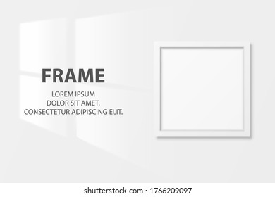 Vector 3d Realistic White Square Wooden Simple Modern Frame Icon Closeup Isolated on White Wall Background with Window Light. It can be used for presentations. Design Template, Mockup, Front View