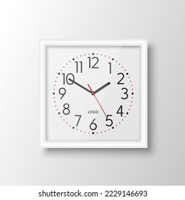 Vector 3d Realistic White Square Wall Office Clock, Design Template Isolated. White Frame, White Dial, Mock-up of Wall Clock for Branding and Advertise Isolated. Clock Face Design