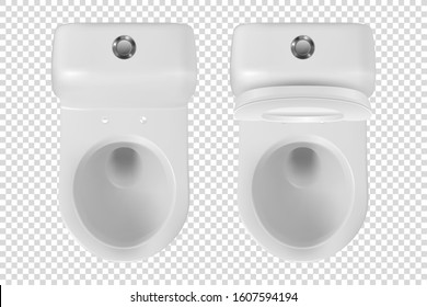 Vector 3d Realistic White Сeramic Toilet Icon Set Closeup Isolated on Transparent Background. Opened Toilet Bowl with and without Lid. Plumbing, Mockup, Design Template for Interior. Top View