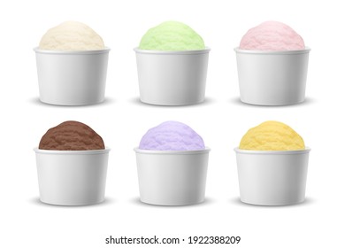 Vector 3d Realistic White Tub Food Paper Plastic Container, Cup, Ice Cream Ball Inside Isolated on White Background. Dessert, Yogurt, Ice Cream. Design Template of Product Packing, Mockup. Front View