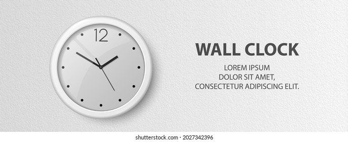 Vector 3d Realistic White Wall Office Clock on Textured White Wall Background. Design Template, Banner with Office Clock with White Dial in Interior. Mock-up for Branding