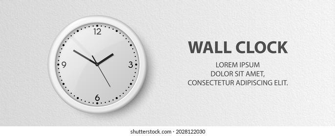 Vector 3d Realistic White Wall Office Clock on Textured White Wall Background. Design Template, Banner with Office Clock with White Dial in Interior. Mock-up for Branding