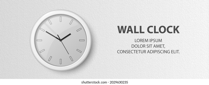 Vektorgrafik 3D-Uhr für das Büro an der weißen Mauer auf strukturiertem Hintergrund. Design-Vorlage, Banner mit Office-Uhr mit White Dial im Inneren. Für Branding auftauchen