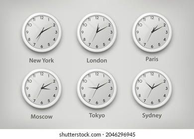 Vector 3d Realistic White Wall Office Clock Set. Time Zones of Different Cities, White Dial. Design Template of Wall Clock, Timezones. Closeup. Mock-up for Branding, Advertise. Front View