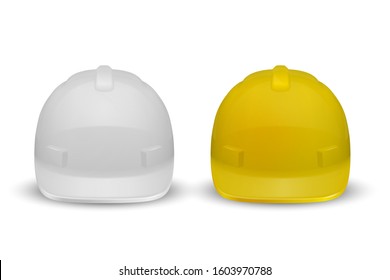 Vector 3d Realistic White And Yellow Plastic Safety Helmet Icon Set Closeup Isolated On White Background. Head Protect, Construction, Repair. Design Template, Mockup. Stock Illustration