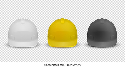 Vector 3d Realistic White, Yellow And Black Plastic Safety Helmet Icon Set Closeup Isolated On White Background. Head Protect, Construction, Repair. Design Template, Mockup. Stock Illustration