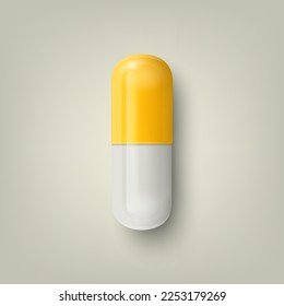 Vector 3d Realistic White and Yellow Pharmaceutical Medical Pill, Capsule, Tablet on White Background. Front View. Copy Space. Medicine, Health Concept