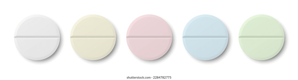 Vektorgrafik 3d realistisch weiß, gelb, rosa, blau, grüne runde pharmazeutische Pille, Kapsel, Tablettensymbol Nahaufnahme einzeln auf weißem Hintergrund. Vorfeldansicht. Medizin, Gesundheitskonzept