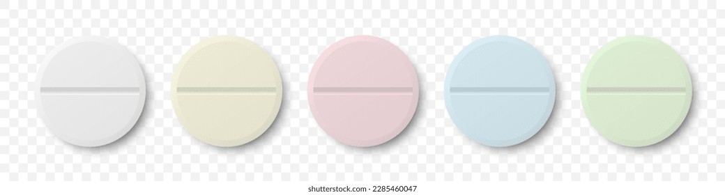 Vector 3d Realistic White, Yellow, Pink, Blue, Green Round Pharmaceutical Medical Pill, Capsule, Tablet Icon Set Closeup Isolated. Fron View. Medicine, Health Concept