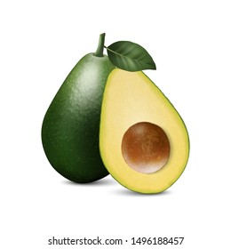 Vector 3d Realistic Whole and Half Avocado with Seed and Leaf Closeup Isolated on White Background. Design Template, Food, Health, Diet Concept. Front View