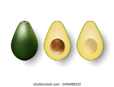 Vector 3d Realistic Whole and Half Avocado Set with Seed Closeup Isolated on White Background. Design Template, Food, Health, Diet Concept. Top View