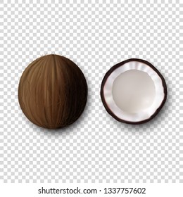 Vector 3d Realistic Whole and Halves Coconut Icon Set Closeup Isolated on Transparent Background. Design Template of Coconut with Half in Top View