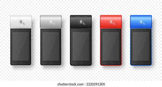 Vector 3d Realistic Wi-Fi Payment Machine Icon Set. POS Terminal Isolated. Design Template, Bank Payment Terminal, Mockup. Processing NFC Payments Device. Top View