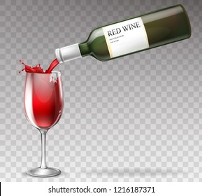 Vector 3d realistic wine bottle is pouring liquid in wineglass, transparent glass with label. Cup with red splashing beverage, alcohol drink with drops isolated on background. Design of grape product