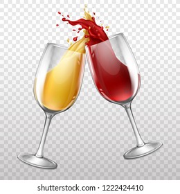 Vector 3d realistic wineglasses with drops and splashes. Red and white wine in transparent glasses isolated on background. Cups with beverage, alcohol drink. Design of grape product for poster, banner