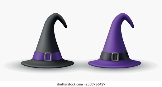 Conjunto de sombrero de bruja realista de Vector 3d. Sombrero de bruja púrpura y negro para Halloween. Decoración espeluznante, elemento de diseño, iconos. Gráficos estacionales de Halloween, Ilustración vectorial