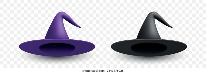 Vector 3d Realista Sombreros de Bruja Ilustración. Sombrero de bruja púrpura y negro para Halloween. Decoración espeluznante, elemento de diseño, iconos. Arte vectorial de Halloween para Gráficos Estacionales