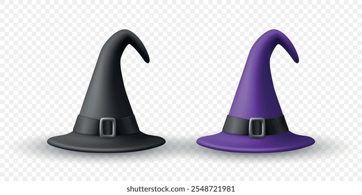 Vector 3d Realista Sombreros de Bruja Ilustración. Sombrero de bruja púrpura y negro para Halloween. Decoración espeluznante, elemento de diseño, iconos. Arte vectorial de Halloween para Gráficos Estacionales