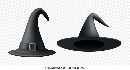 Vector 3d Realistic Witch Hats Illustration. Black Witch Hat for Halloween Set. Spooky Decor, Design Element, Icons. Halloween Vector Art for Seasonal Graphics