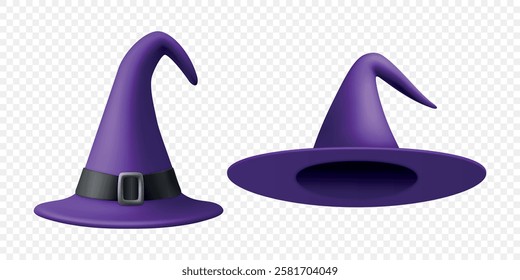 Vector 3d Realistic Witch Hats Illustration. Purple Witch Hat for Halloween Set. Spooky Decor, Design Element, Icons. Halloween Vector Art for Seasonal Graphics