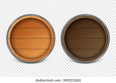 Vector 3d Realistic Wooden Barrel Lid For Storing Alcoholic Beverages Set. Brown Beer, Wine Wooden Barrels. High Detailed Wood Vector Barrel Of Wine Or Beer Icon. Top View