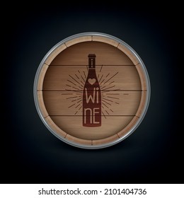 Vector 3d Tapa de barril de madera realista para el almacenamiento de bebidas alcohólicas con cita tipográfica sobre el vino. Cerveza marrón, barril de madera de vino. Barril vectorial de madera de alta definición