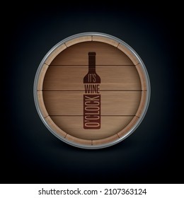 Vector 3d Tapa de barril de madera realista para el almacenamiento de bebidas alcohólicas con cita tipográfica sobre el vino. Cerveza marrón, barril de madera de vino. Barril vectorial de madera de alta definición